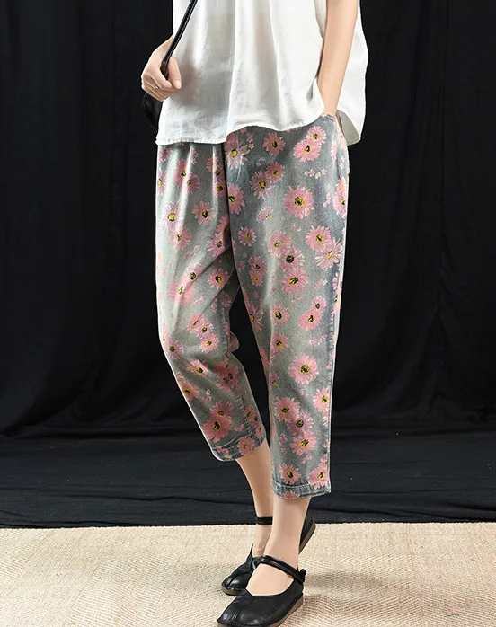 BUYKUD женские джинсы брюки цветочный принт Femme Pantalon шнурок на талии свободные длина