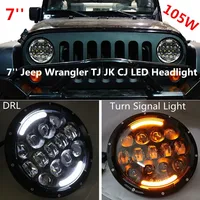 Pair 7inch 105W Round LED Headlight Lamp+White Daytime Runing Lights+Yellow Turn Signal for Jeep Wrangler TJ JK