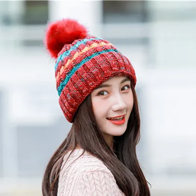 Large wool ball colour strip knitted outdoor plush and thicker cap warm autumn winter ladies⟊p |