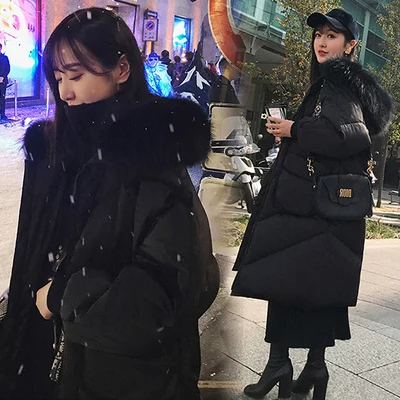 Хлопковое пальто, женский длинный теплый толстый пуховик, Корейская Зимняя парка с меховым воротником, куртка, хлопковое пальто, пуховик с капюшоном - Цвет: BLACK