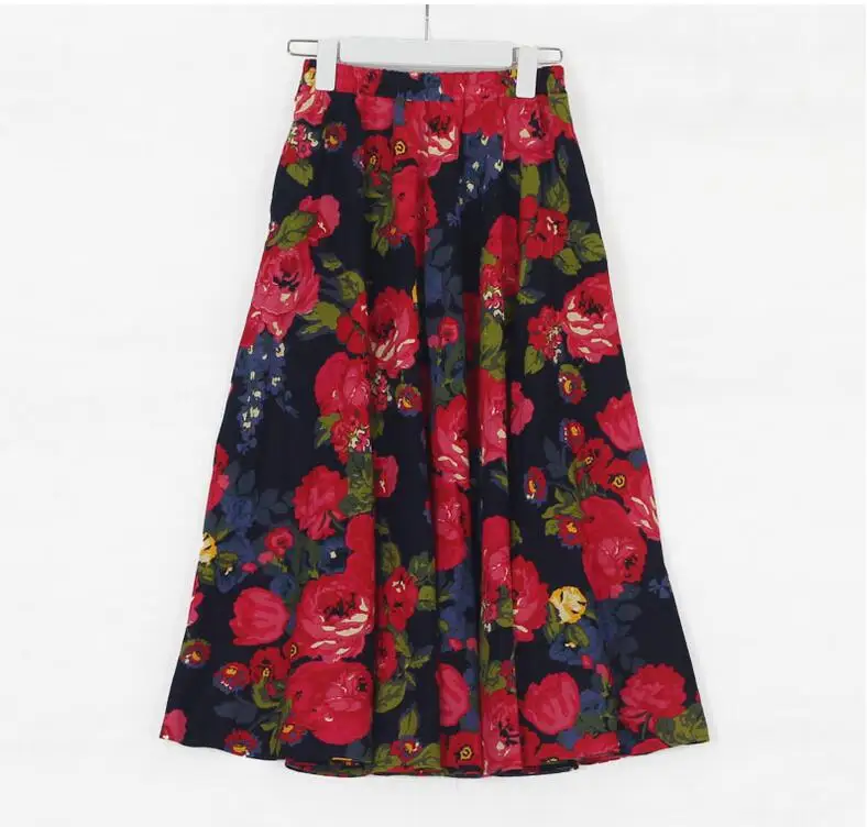 

2019 Spring Summer New Fashion Women Cotton Linen Pleated Skirt Female High Waist Long Skirt Printed Casual Skirt Skirts Women