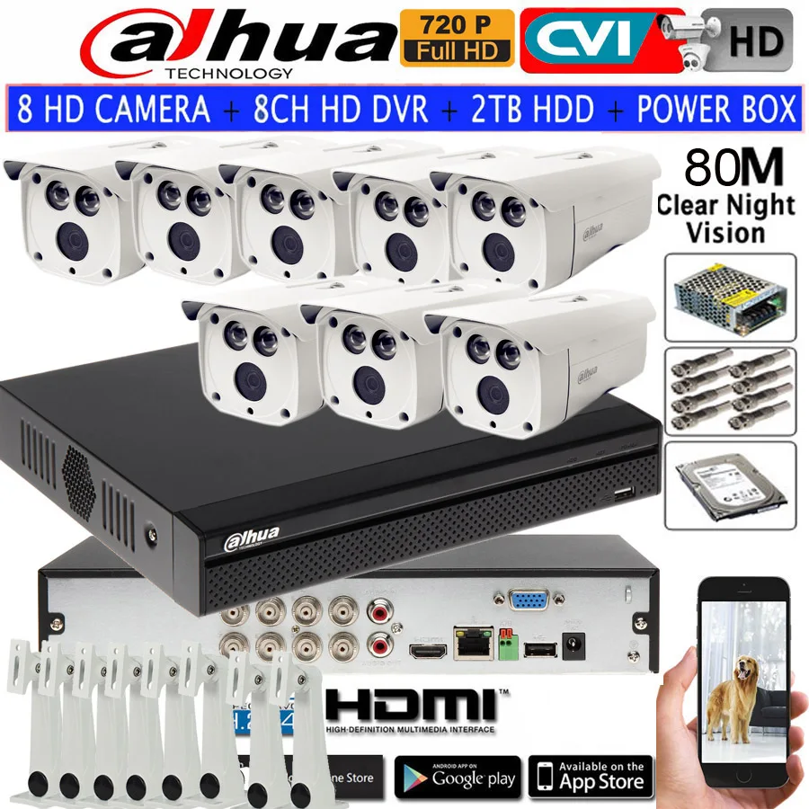 DAHUA 720 P IR80M безопасности ХВН камеры IP67 HAC HFW1020D пуля видеонаблюдения 8CH DH XVR4108HS HDCVI