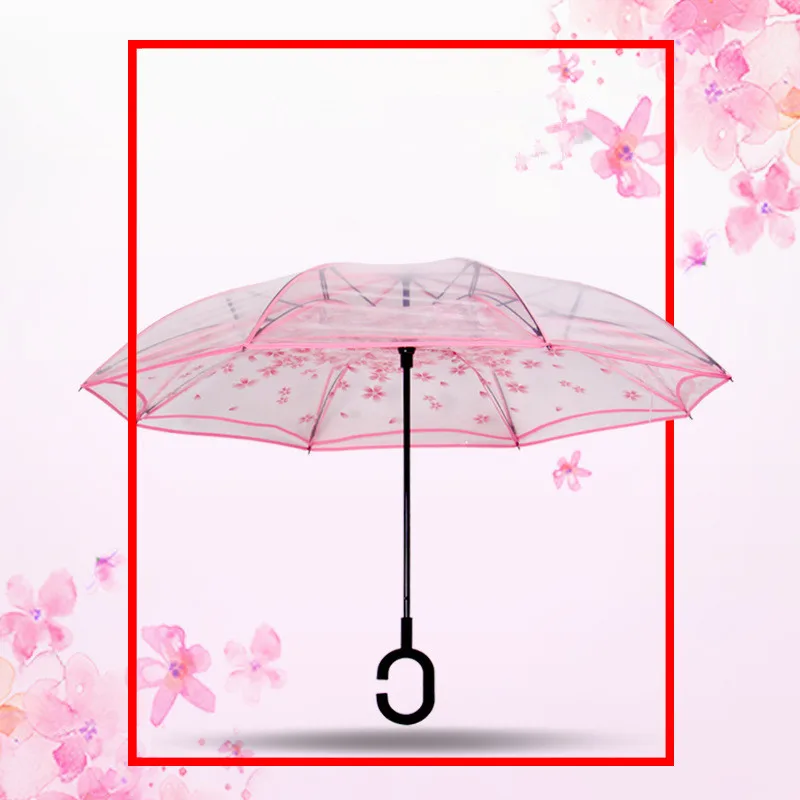 

Transparent Windproof Reverse Folding Double Layer Umbrella Inverted Self Stand Rain Protection C-Hook Hands Umbrella for Car