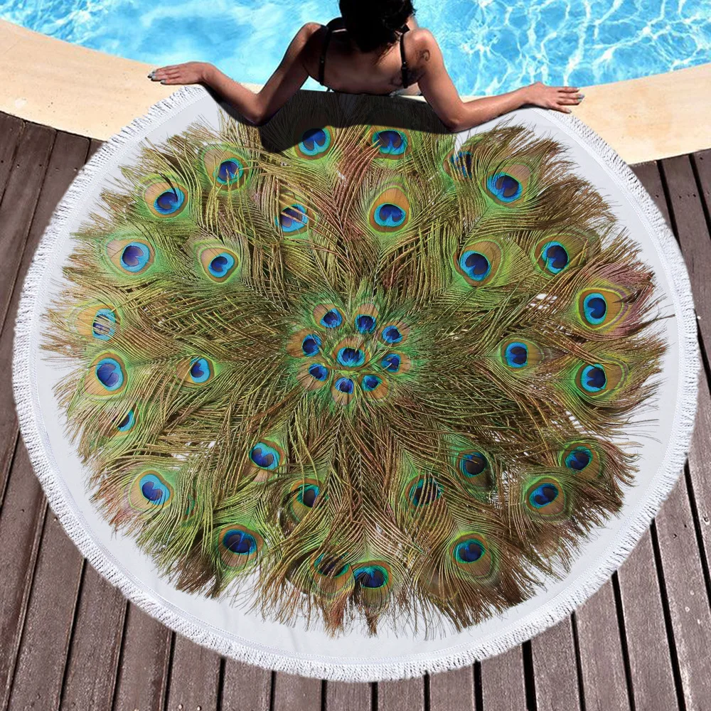 Round Beach Towels Adults Peacock Feather Print Swimming Bath Towel Yoga Mat Summer Women Picnic Blanket strandlaken |