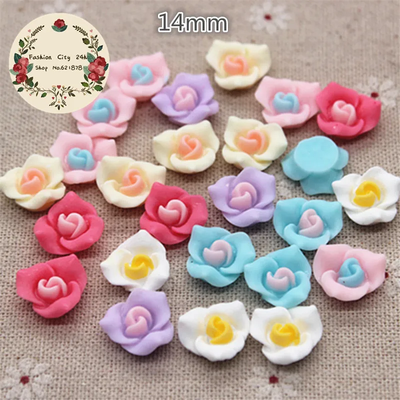 

50PCS Mix Colors 14mm Cute Resin Three-Pental Flower Flatback Cabochon Embellishment Accessories DIY Craft Decoration