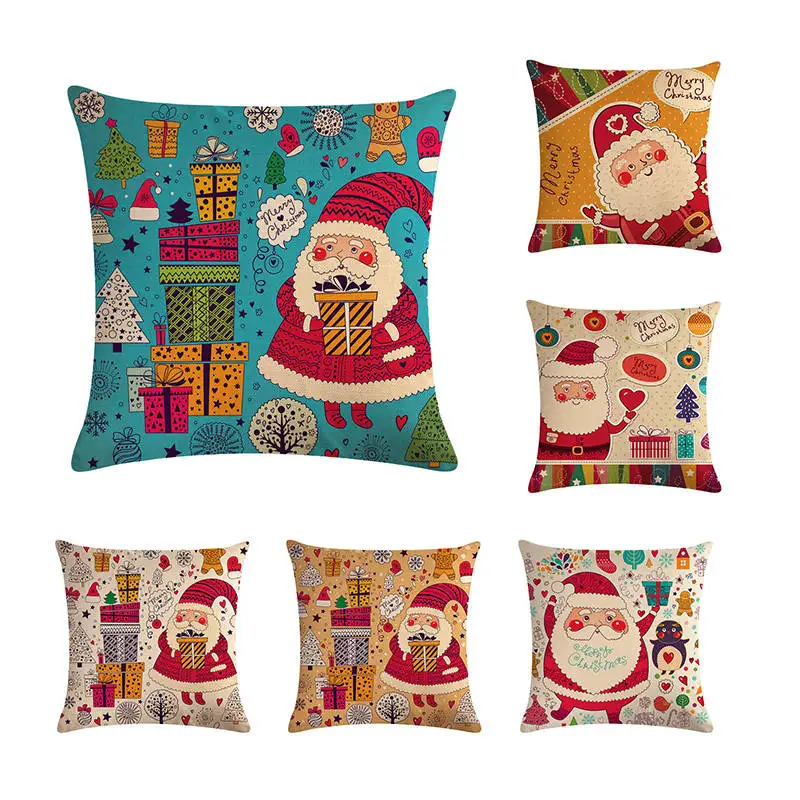 

Merry Christmas Series Cushion Cover Christmas Snowman Printing Santa Claus Linen Throw Pillowcase New Year Gifts 18*18''H716
