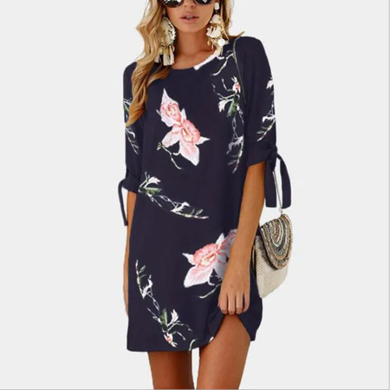 Navy blue Женское мини-платье с цветочным принтом размера плюс, прямой Повседневный Сарафан, бохо, женское летнее платье с коротким рукавом и круглым вырезом, размер S-5XL - Цвет: Navy blue