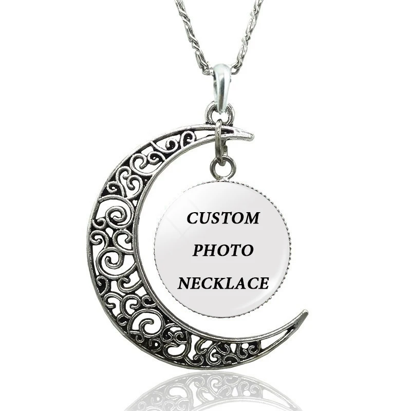 

Fashion DIY Personalized Baby Family Custom Crescent Moon Jewelry Pendant Necklace Glass Cabochon Beautiful Anniversary Gift
