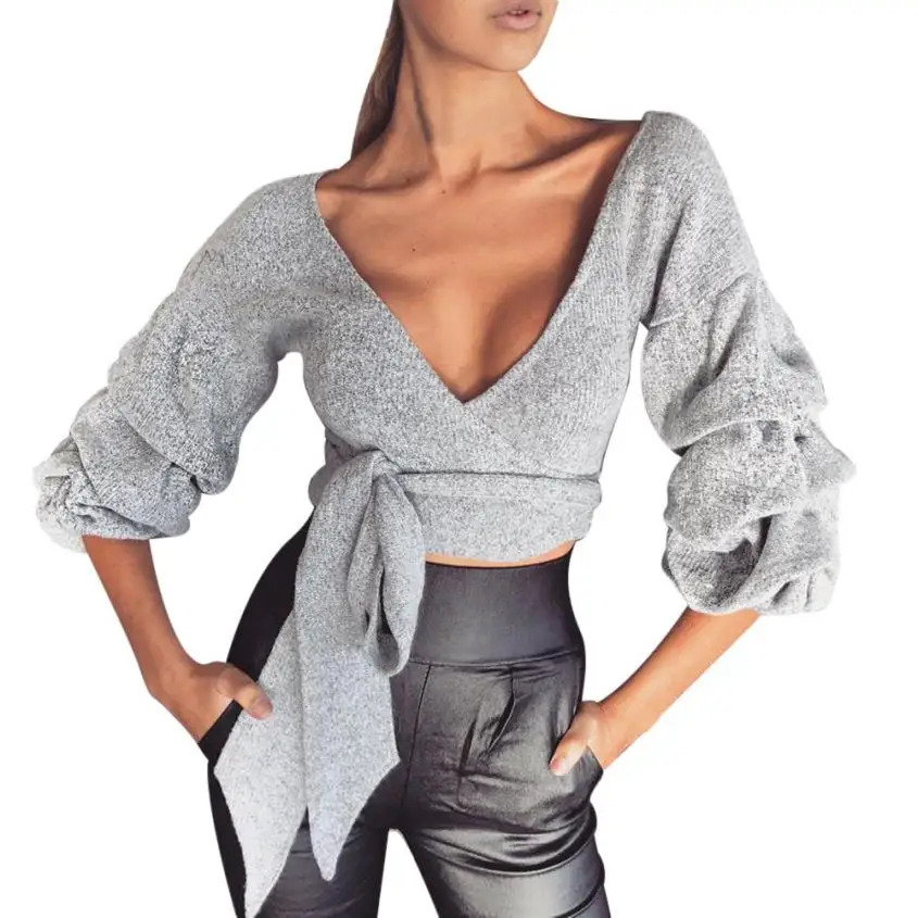 Women Ladies V Neck Knitted Sweater Long Sleeve Casual Crop Top shirts plus size women clothing blusas feminina Poleras de mujer | Женская