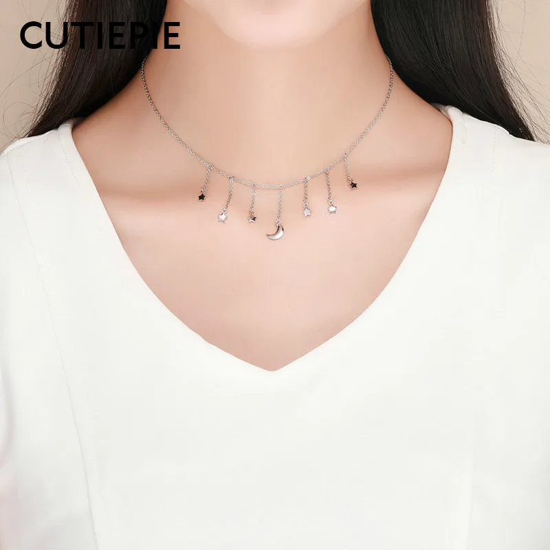 CUTIEPIE Настоящее серебро 925 проба ожерелье для женщин Подвеска луна и звезды