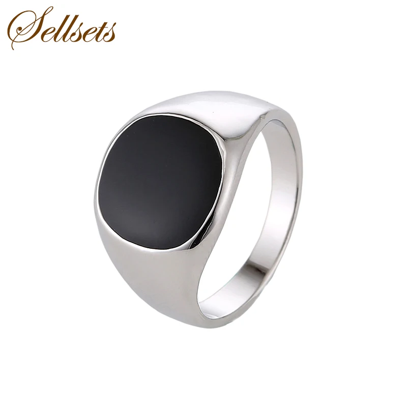 Sellsets Fashion Male Jewelry Black Round Enamel Ring Classic Silver Color Party Rings For Men Christmas Gift | Украшения и
