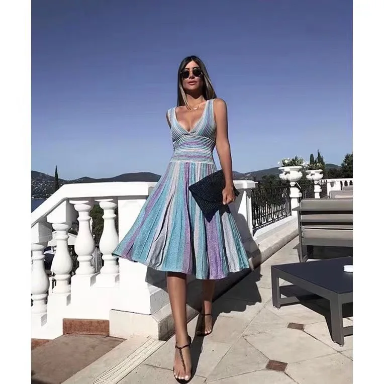 

TOP QUALITY Women's Sleeveless Sexy V-Neck Midi Dress A-Line Vacation Beach Style Club Party Dress