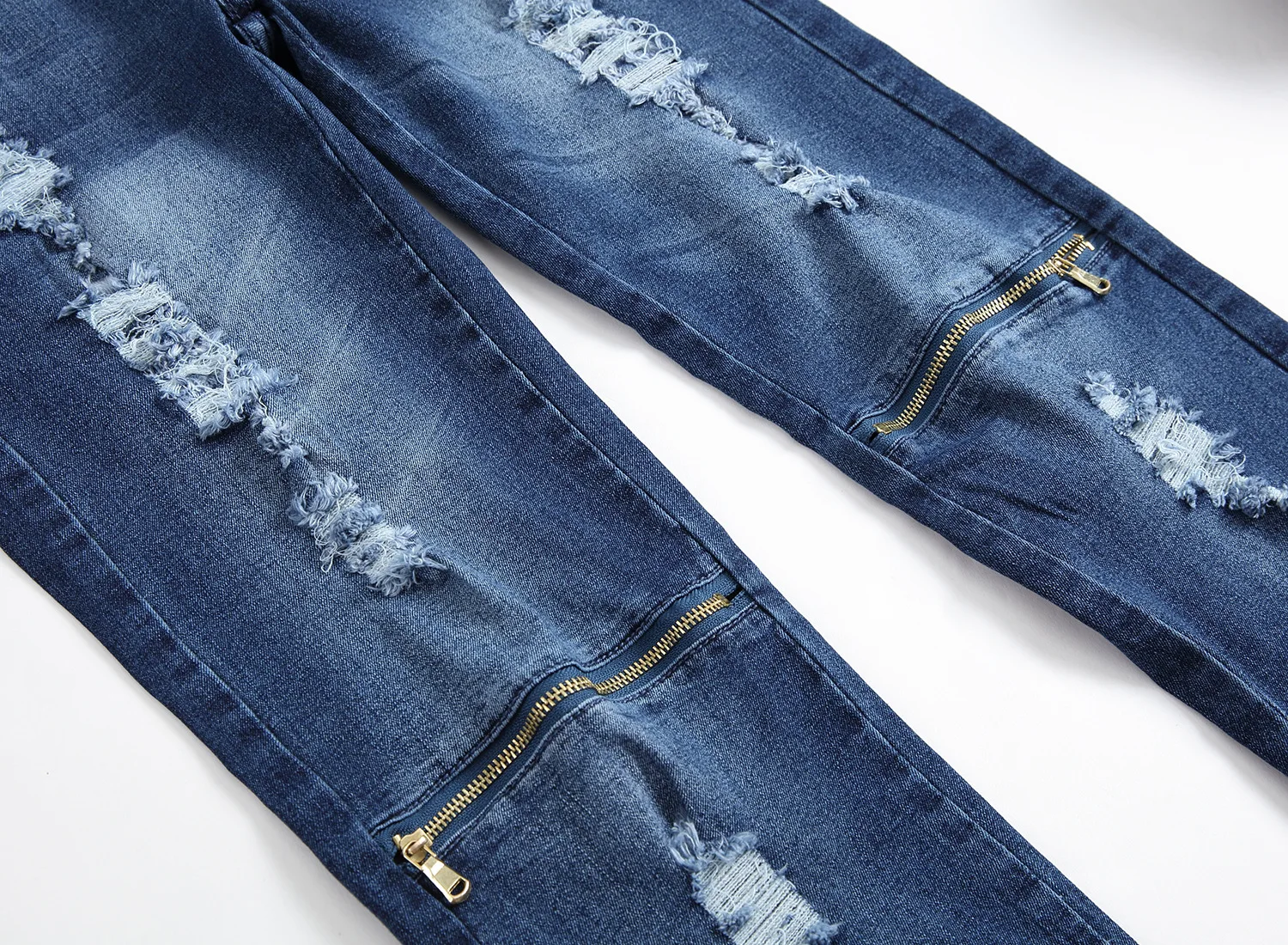 2018 spring and autumn new high street men's character holes zipper blue jeans stretch slacks | Мужская одежда