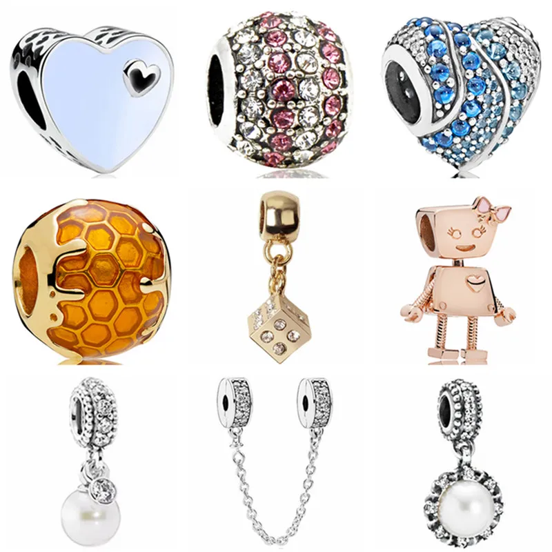 Luxurious Crystal Love Heart Robot Honeycomb Simulated Pearl Pendant Beads Fit Pandora Charm DIY Bracelets for Femme Jewelry | Украшения и