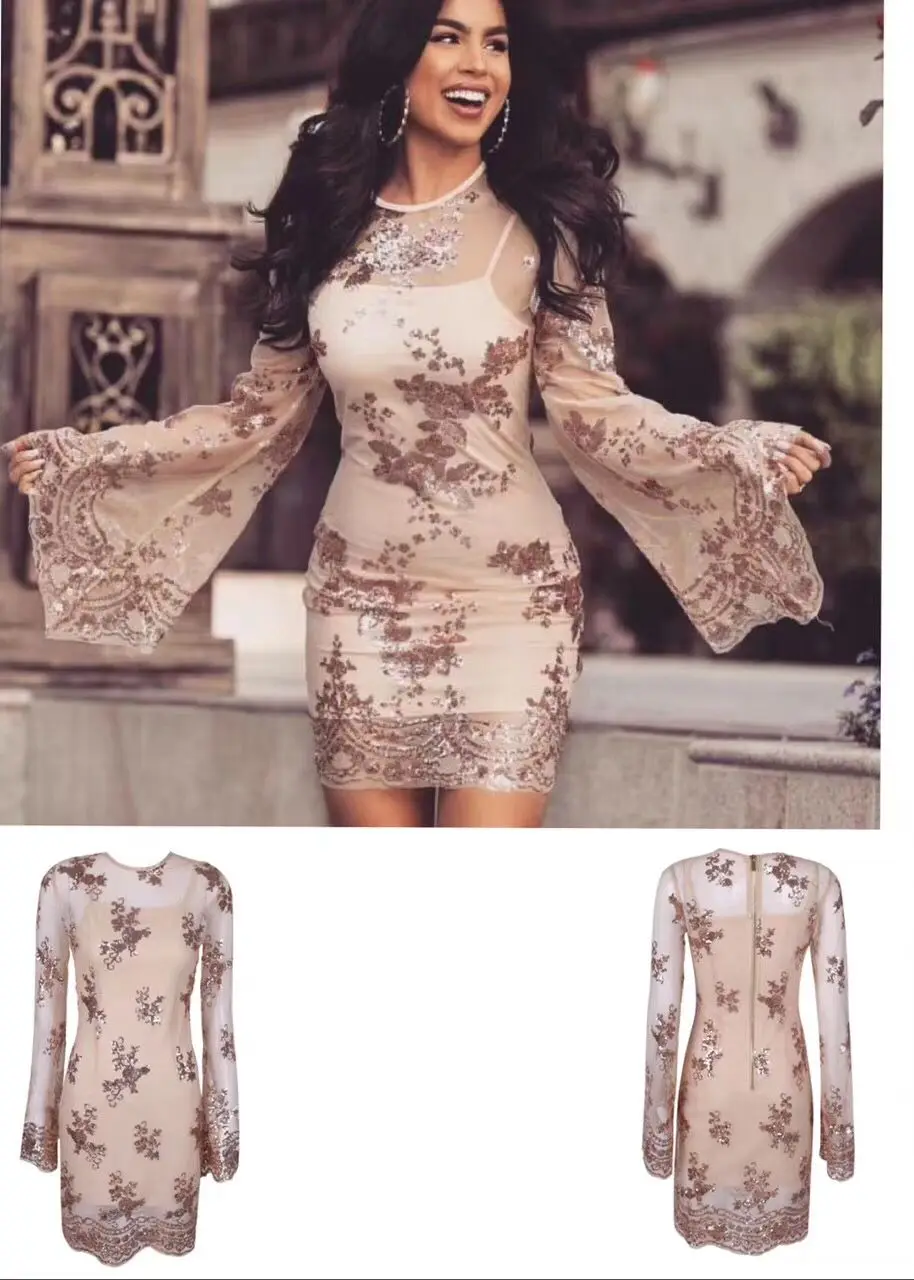 

2018 new fashion sexy dress Sequined Mesh Vestido Elegant Women O-Neck long sleeve Bandage Celebrity Party fashion dress