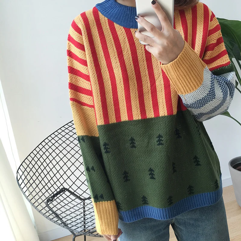 South Korea Ulzzang 2017 Harajuku Winter Sweaters Stripes Hit Color Loose Bat Head Women Sweater Korean | Женская одежда