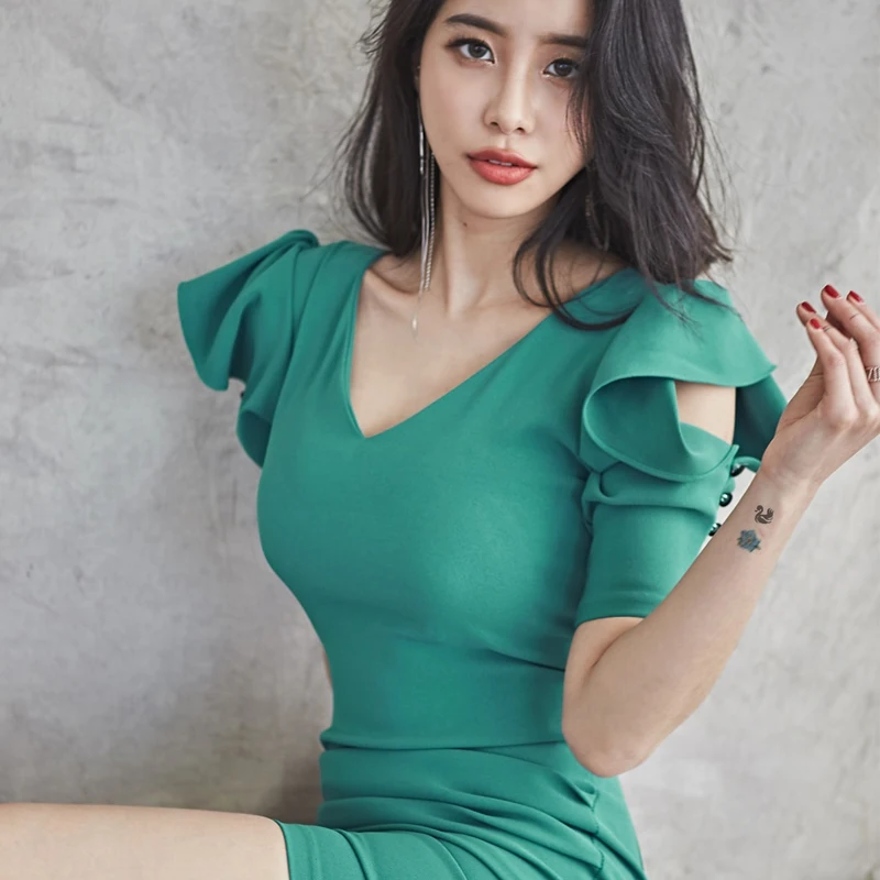 Сексуальное облегающее женское короткое платье с v-образным вырезом и рюшами на рукавах, облегающее женское мини-платье, повседневные зеленые вечерние платья для женщин