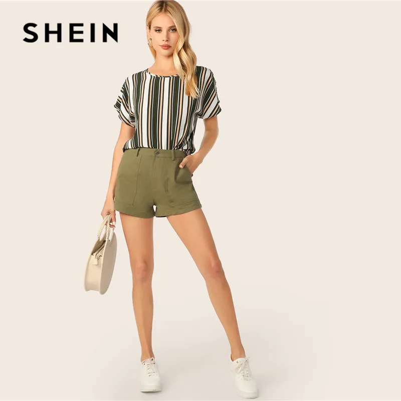 SHEIN летняя блузка в полоску с замочной скважиной на спине, Женские топы и блузки, повседневные женские топы с рукавом «летучая мышь» и круглым вырезом