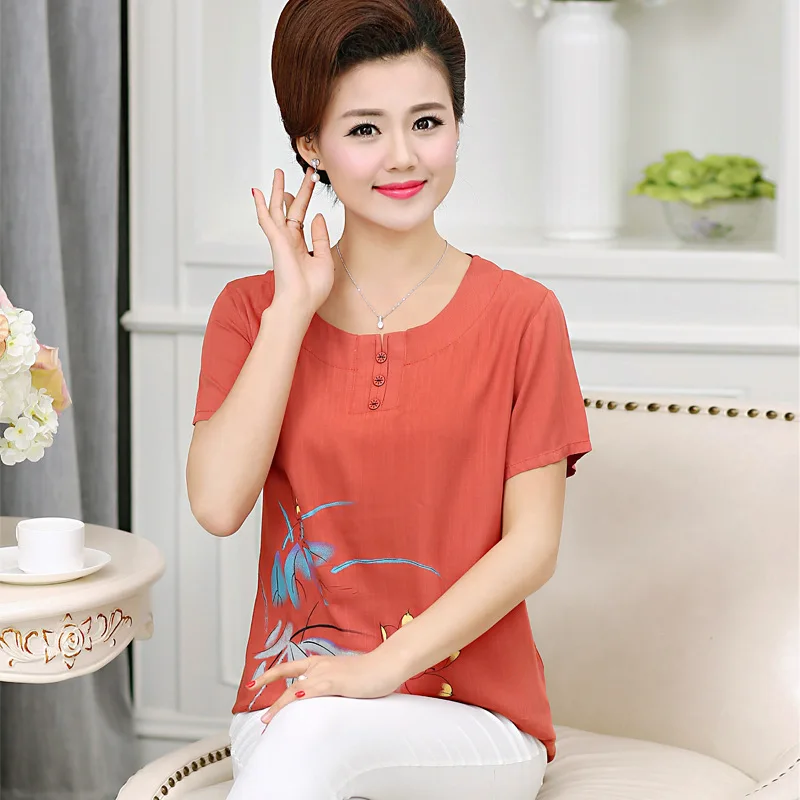 

2019 4XL Middle-aged Clothing Women's Summer large size Shirt Women short-sleeved printing Tops mother clothes loose shirt