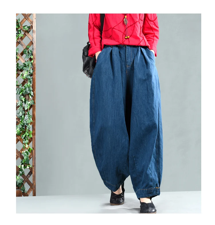 Spring Jeans Women Retro Loose Denim Pants New Ladies Elastic Waist Button pocket Blended Trousers Casual Denim knickerbockers