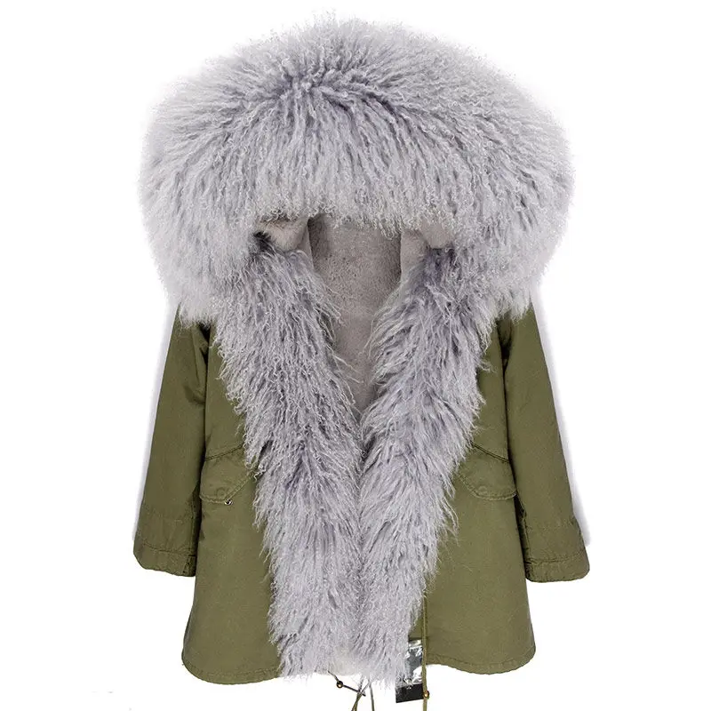 green grey OFTBUY, зимняя женская куртка, пальто из натурального меха, длинная парка, воротник из натурального меха монгольской овцы, Толстая теплая верхняя одежда с капюшоном, уличная одежда - Цвет: green grey