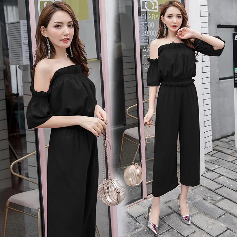 Модные широкие брюки с открытыми плечами и коротким рукавом однотонный весенний