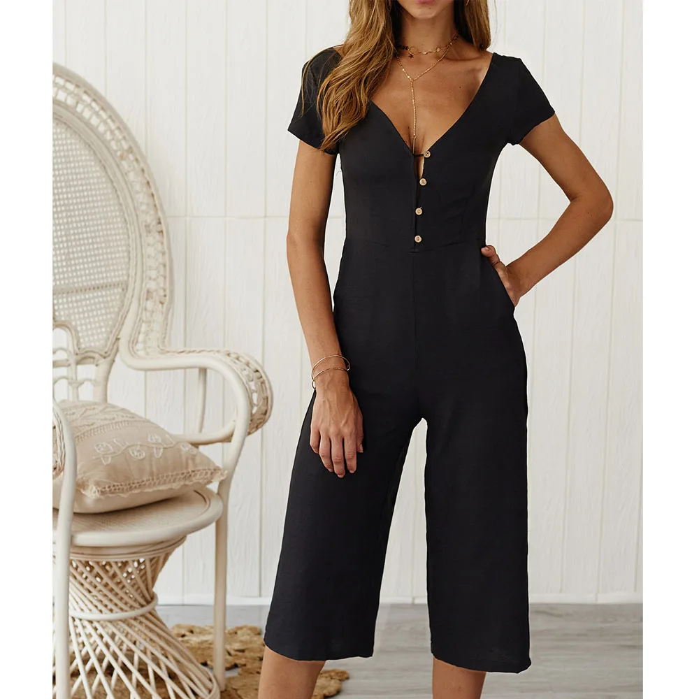 

Women Summer Button V neck Withe Jumpsuits Solid Color Sexy Shots Sleeve Rompers