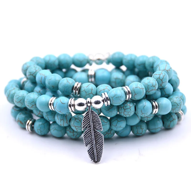 Turquoise Йога браслет с подвеской в виде пера 8 мм 108 мала Natural Energy Stone ручная вышивка стразами браслет или ожерелье медитации 18 стилей - Окраска металла: Turquoise