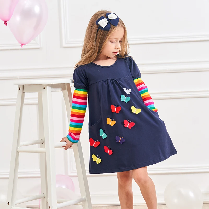 Dxton Girls Winter Dress Appliques Flower Kids Clothing Stripes Long Sleeve Princess Dots for Children | Детская одежда и обувь
