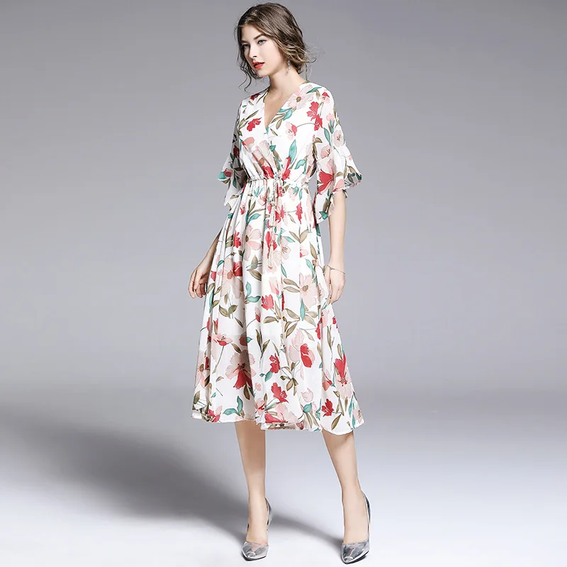 

2019 Women Ruffles Party Dress Print Designer Midi Dress Slim Fit Office Lady