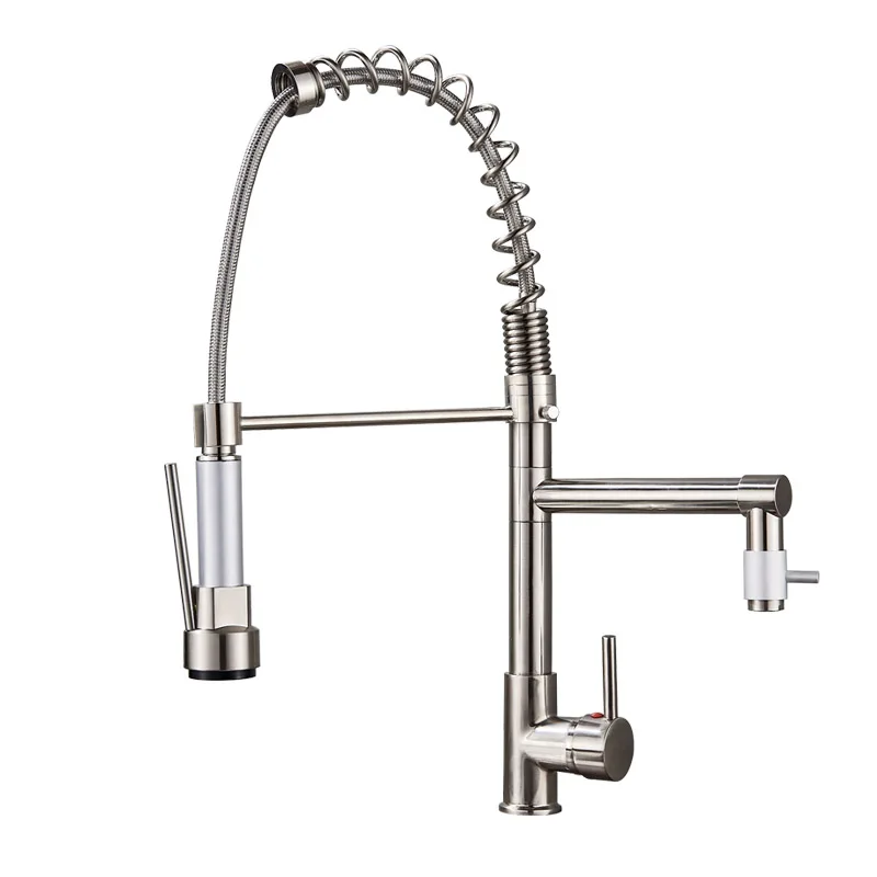 Brushed Nickel B Пружинный вытяжной кухонный смеситель, кран на бортике с двойным носиком, кран для кухонной раковины, краны, хромированная отделка, ручной опрыскиватель, душевая головка - Цвет: Brushed Nickel B