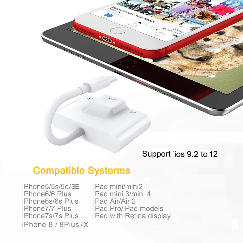 Адаптер для Lightning RJ45 Ethernet LAN Проводная сеть iPhone/iPad все серии с зарядкой и OTG USB 3 0