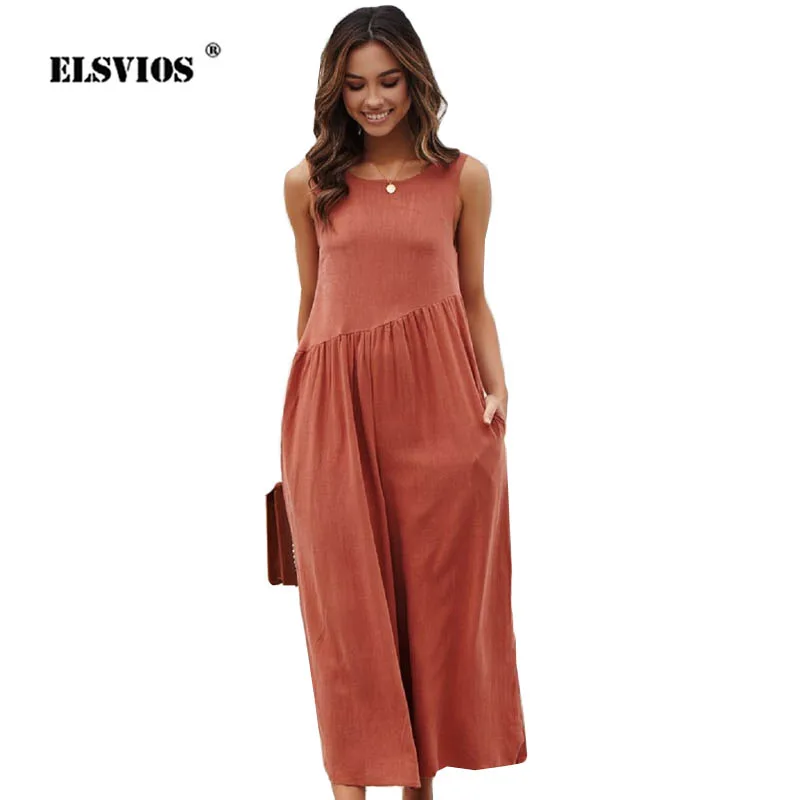 

ELSVIOS 2019 Sexy Sleeveless Backless Women Jumpsuits Summer Beach Romper Wide Leg Solid Jumpsuit Casual Pocket Loose Overalls
