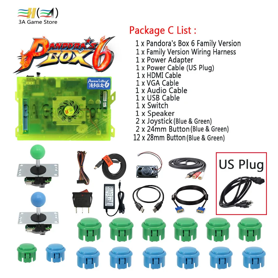 C set - US plug Pandora Box 6 1300 в 1 семейная версия контрольные принадлежности diy аркадный джойстик кнопки HDMI VGA USB Комплект Динамиков Аркады 2 плеера - Цвет: C set - US plug
