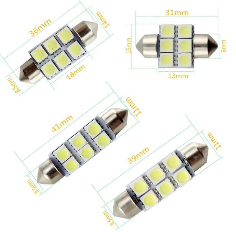 1 шт. Автомобильная гирлянда 31/36/39/41 мм 5050 6 SMD белая теплая кристальная синяя
