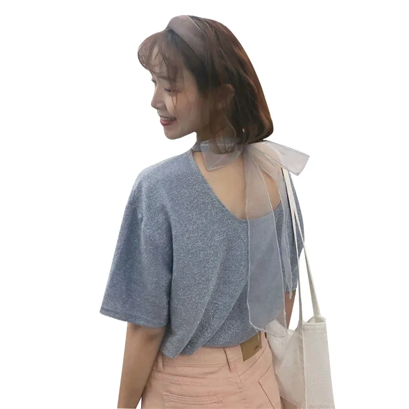 Яркая шелковая футболка с бантом и коротким рукавом женская мода 2019 женские топы