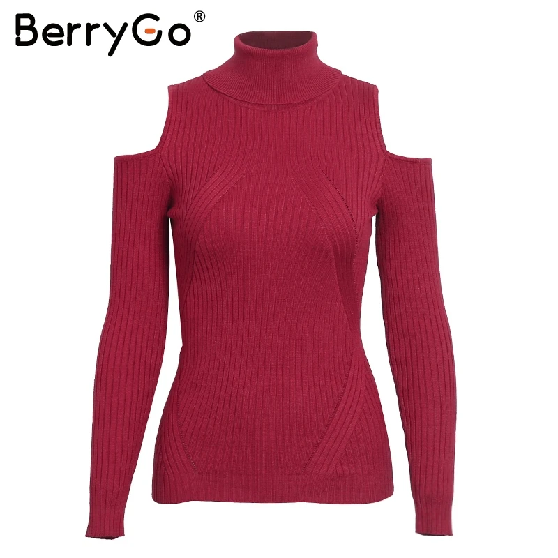 Wine red BerryGo водолазка с открытыми плечами розовый вязаный свитер Женский Повседневный хлопковый пуловер в полоску женский элегантный джемпер на осень и зиму - Цвет: Wine red