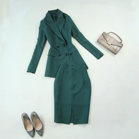 professional skirt set autumn new dark green slim long sleeve double breasted long suit pencil bag hip skirt two piece set