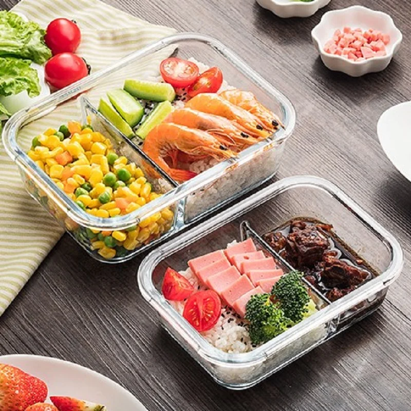 Microwavable стеклянный Ланч-бокс с разделителем, крышкой, сумкой; приготовление еды стеклянные контейнеры для хранения продуктов с 2 отсеками; ланч-контейнер