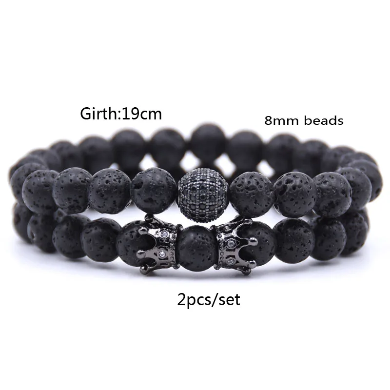 

KANGKANG 2PCS/set 8mm Classic Volcanic stone Pave CZ Ball and Crown Charm Bracelet For Men&Women Bracelets Jewelry Pulseras moda