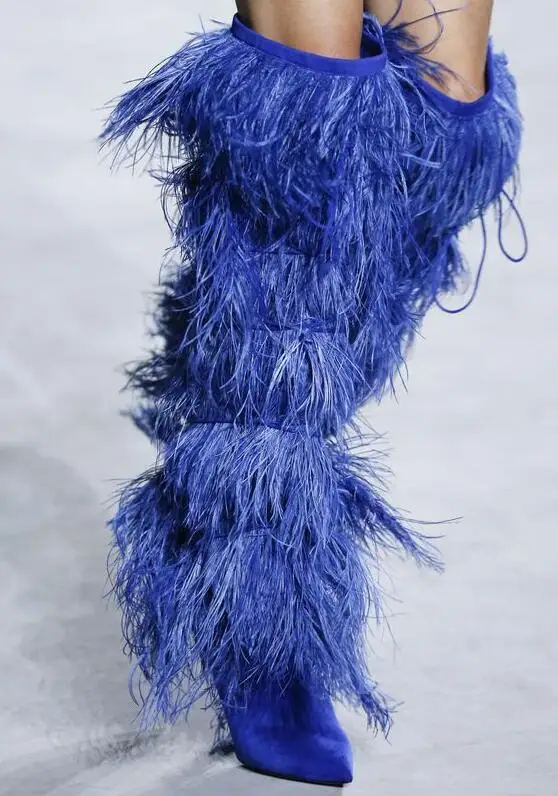 Женские сапоги до колена ПВХ заостренный носок тонкий каблук бахрома