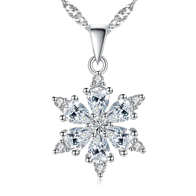 

Fashion Shiny Crystal Snowflake Platinum Plated Ladies Pendant Necklaces Jewelry Women Water-wave Chain No Fade