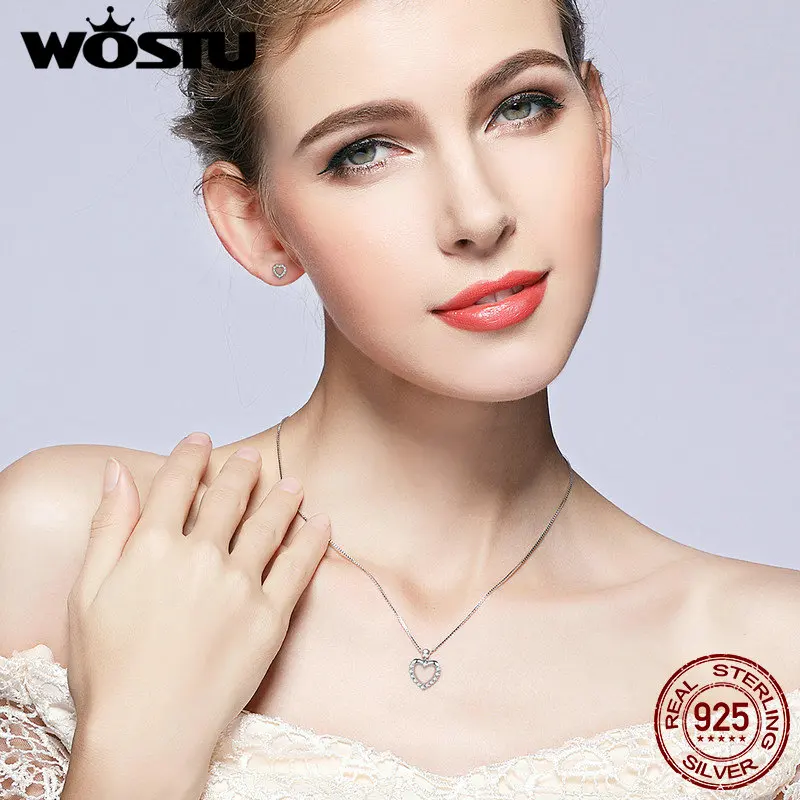 WOSTU, роскошная фирма, 925 пробы, Серебряное сердце, любовь, подвеска, ожерелья для женщин с AAA цирконием, ювелирное изделие, подарок для любимой CQN025