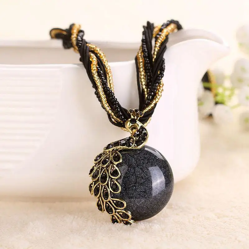 YAAYOO Newest Colorful Rhinestone Gem Peacock Statement Necklace Pendant Women Summer Style Fashion Jewelry For Gift Party | Украшения и