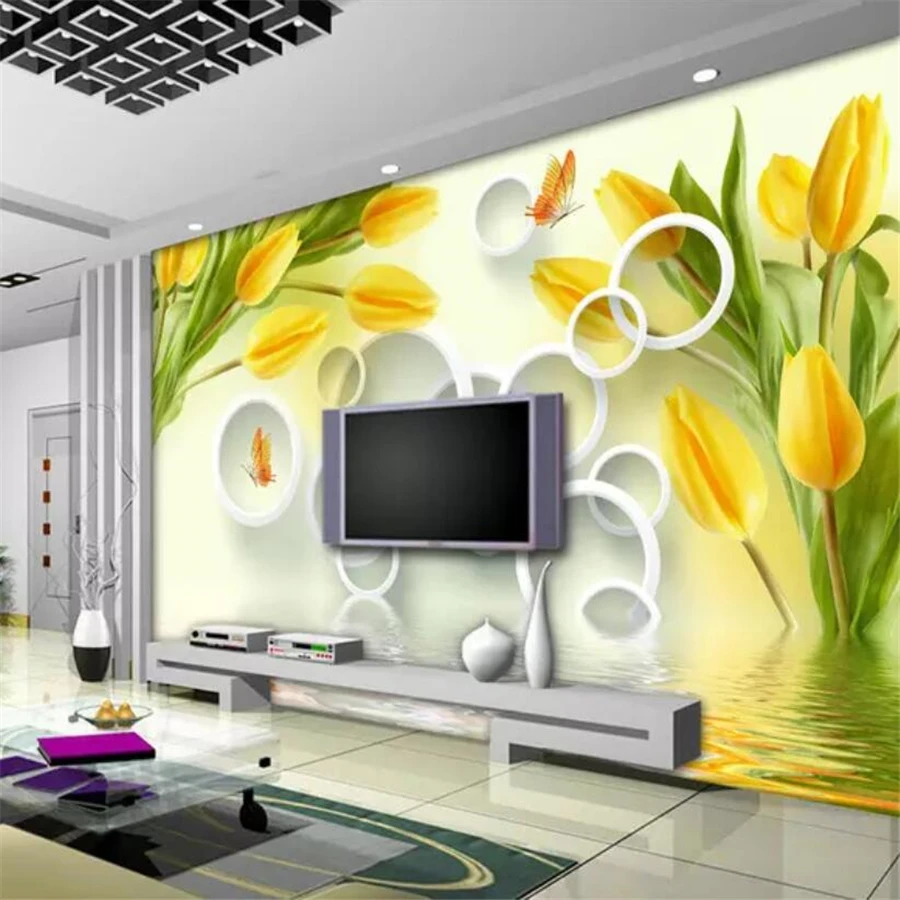 3d обои fresco Желтое отражение тюльпана Стерео ТВ фон гостиная спальня обои|wall