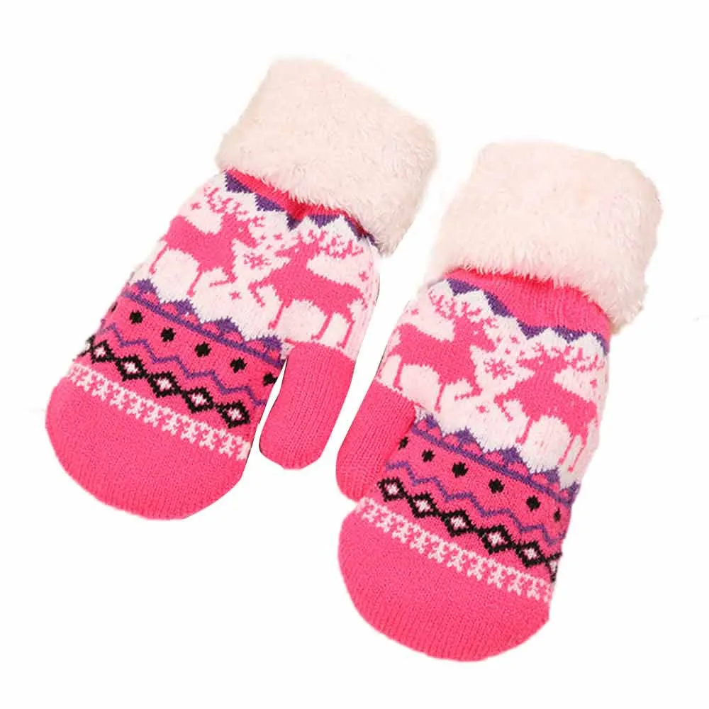 Hot Pink Зимние Детские перчатки принт с рождественским оленем теплые толстые шерстяные вязаные кашемировые перчатки для мальчиков и девочек перчатки с длинными пальцами Luvas - Цвет: Hot Pink