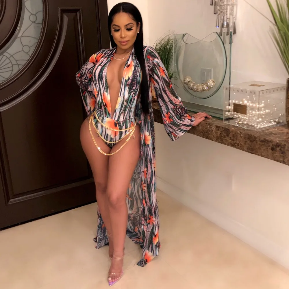 

Floral Digital Print Women Bodysuits Summer Beach Trench With Rompers Bodysuits Set