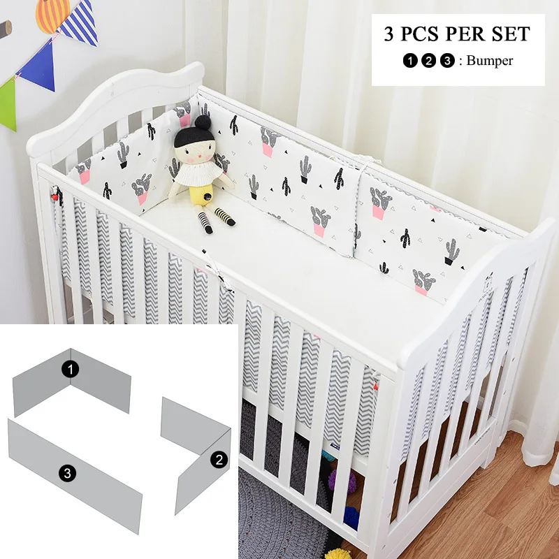 cactus 3pcs per set Muslinlife Модные Детские бамперы для кроватки, модные рисунки Фламинго/кактуса/лисы/дерева/клаудов, безопасная защита, хлопковая детская кровать - Цвет: cactus 3pcs per set