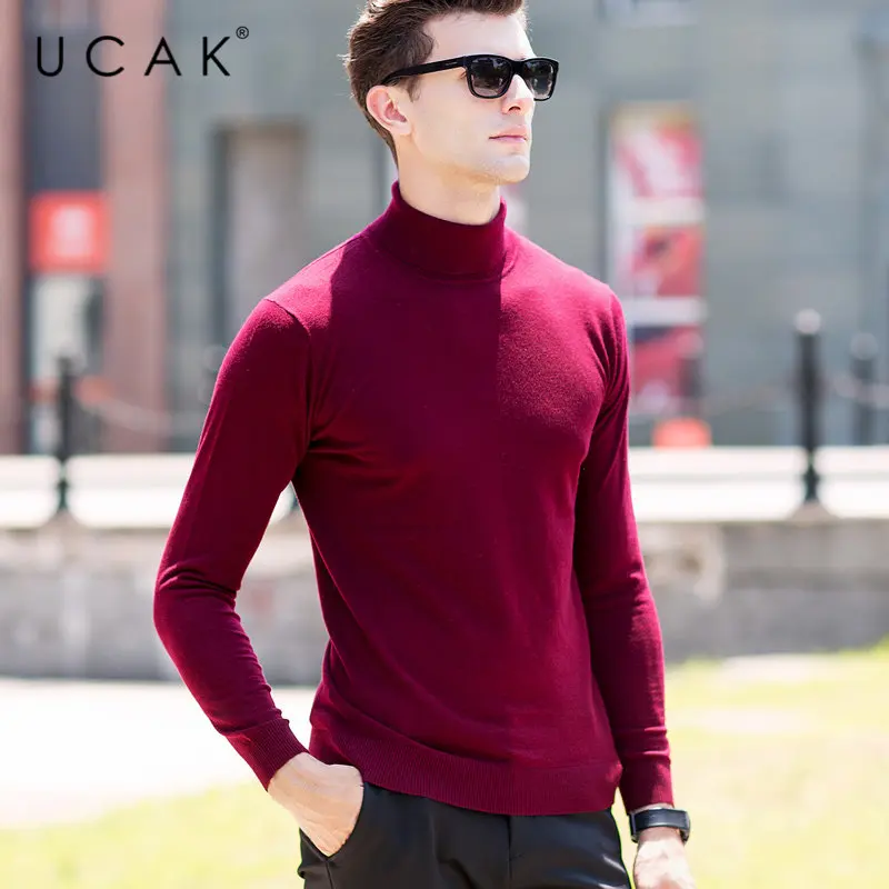 Красный UCAK, брендовый мужской свитер, классический, Повседневный, Pull Homme, чистый мериносовый шерстяной пуловер для мужчин, Осень-зима, кашемировый свитер с высоким воротом, U3004 - Цвет: Красный