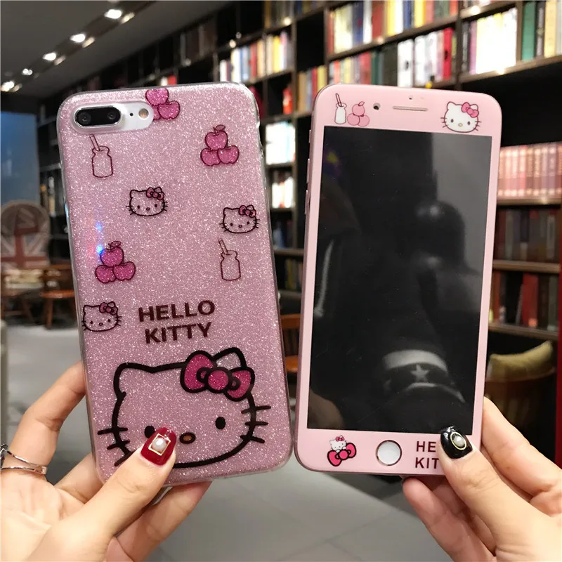 Для iPhone 11 Pro Max 6 7 8 милый мультяшный hello kitty чехол для телефона для iPhone X XS Max XR 360 Защитная жесткая задняя крышка+ KT Flim
